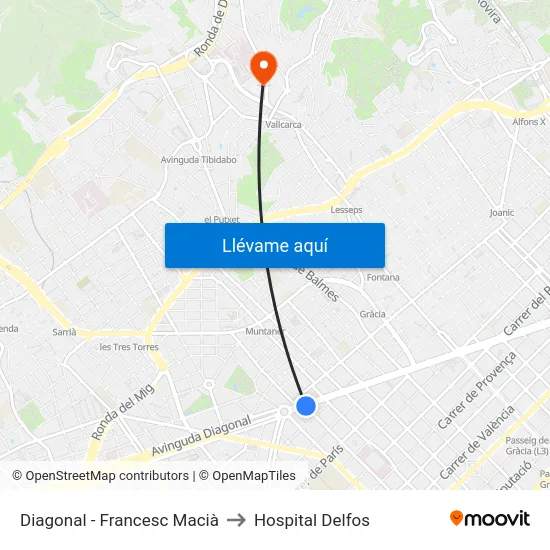 Diagonal - Francesc Macià to Hospital Delfos map