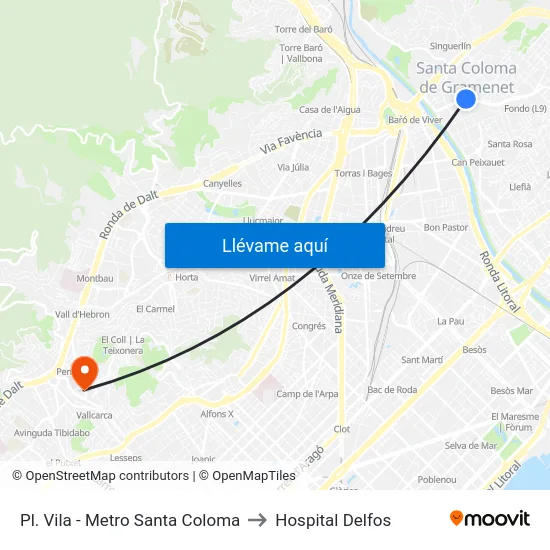 Pl. Vila - Metro Santa Coloma to Hospital Delfos map