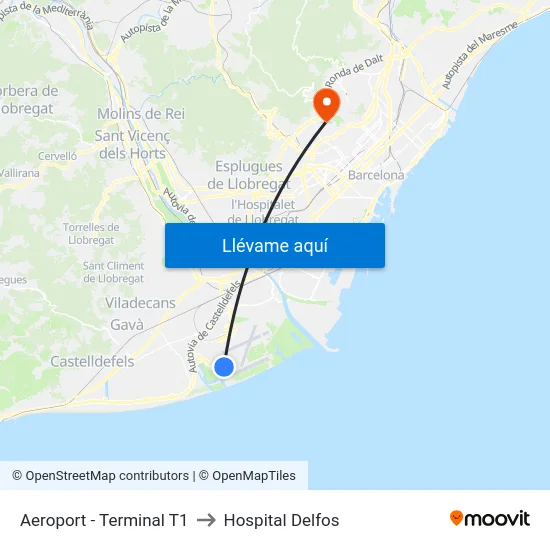 Aeroport - Terminal T1 to Hospital Delfos map