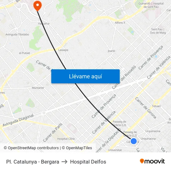 Pl. Catalunya - Bergara to Hospital Delfos map