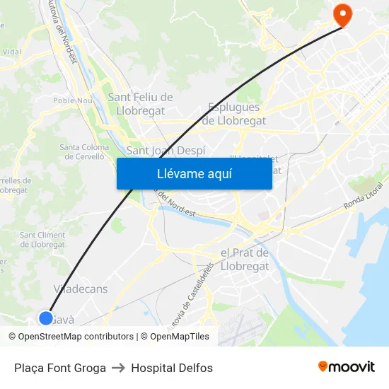 Plaça Font Groga to Hospital Delfos map