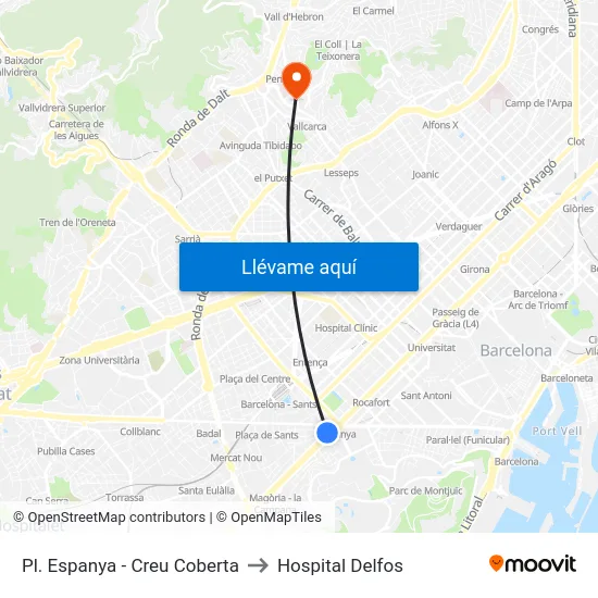 Pl. Espanya - Creu Coberta to Hospital Delfos map