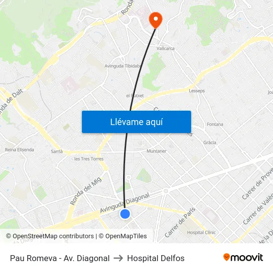 Pau Romeva - Av. Diagonal to Hospital Delfos map