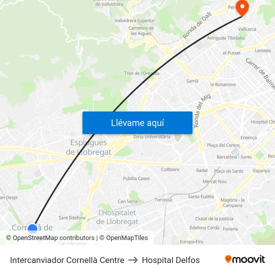 Intercanviador Cornellà Centre to Hospital Delfos map