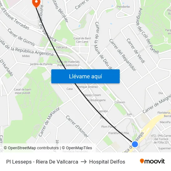 Pl Lesseps - Riera De Vallcarca to Hospital Delfos map