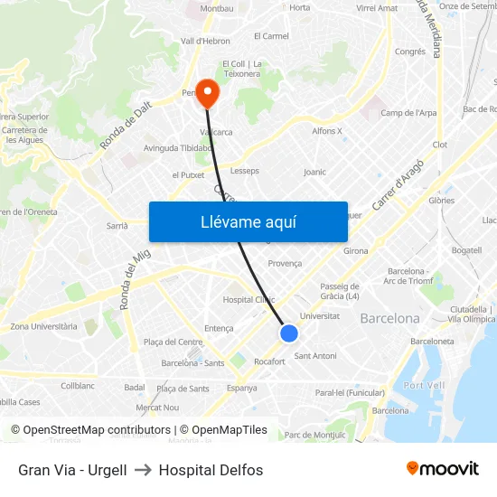 Gran Via - Urgell to Hospital Delfos map