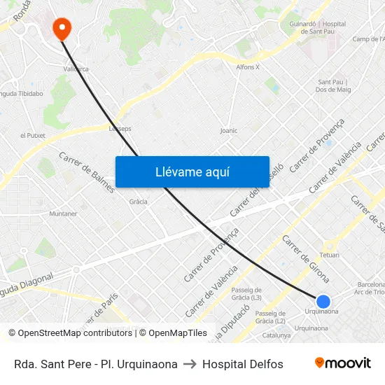Rda. Sant Pere - Pl. Urquinaona to Hospital Delfos map