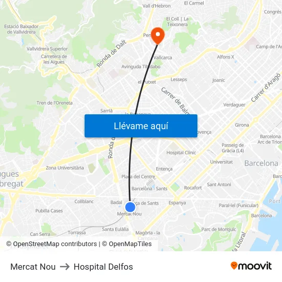 Mercat Nou to Hospital Delfos map
