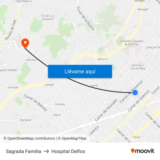 Sagrada Família to Hospital Delfos map