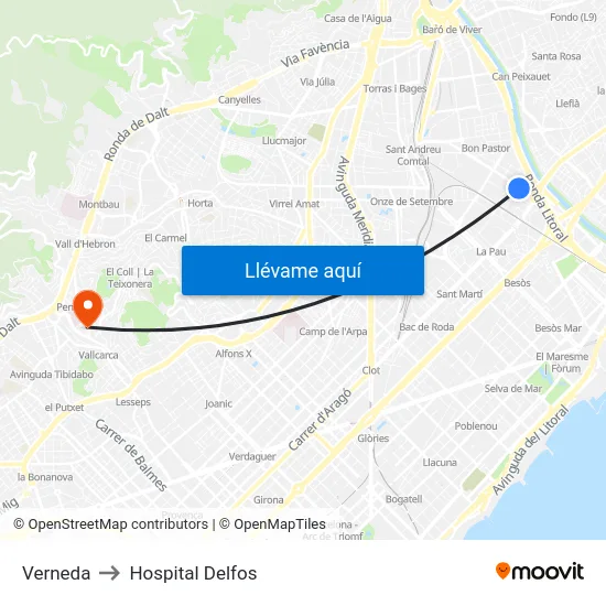 Verneda to Hospital Delfos map