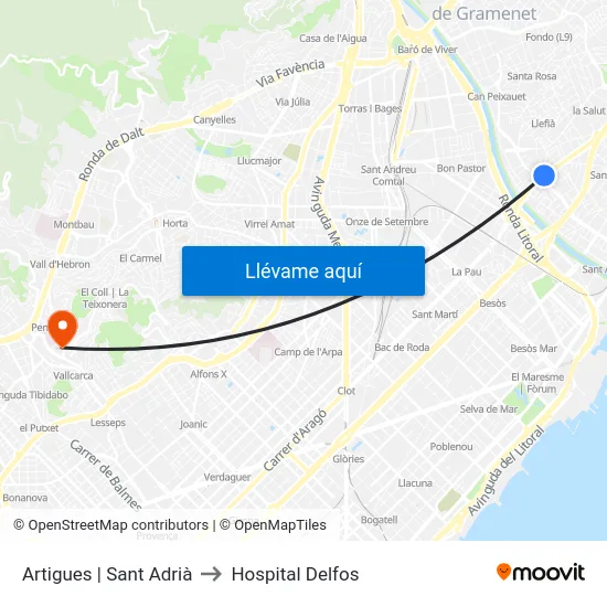 Artigues | Sant Adrià to Hospital Delfos map