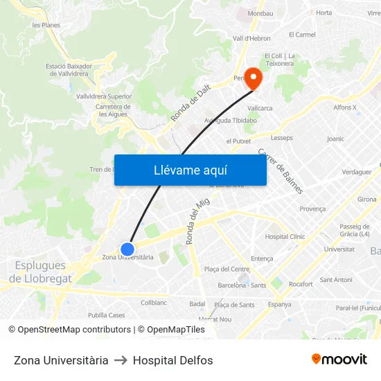 Zona Universitària to Hospital Delfos map