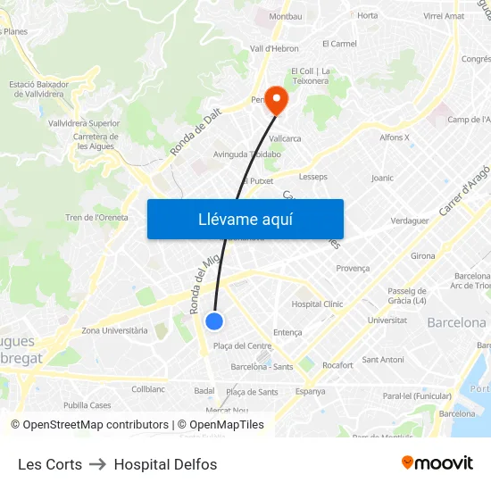 Les Corts to Hospital Delfos map