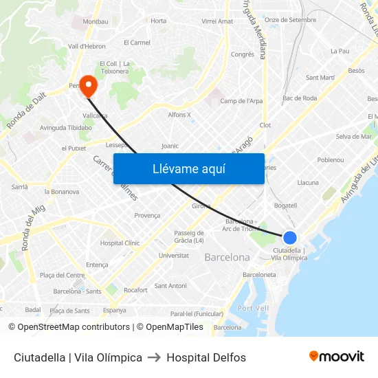 Ciutadella | Vila Olímpica to Hospital Delfos map