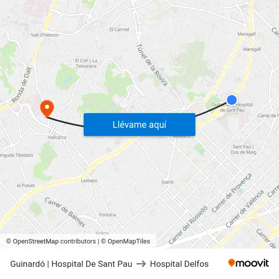Guinardó | Hospital De Sant Pau to Hospital Delfos map
