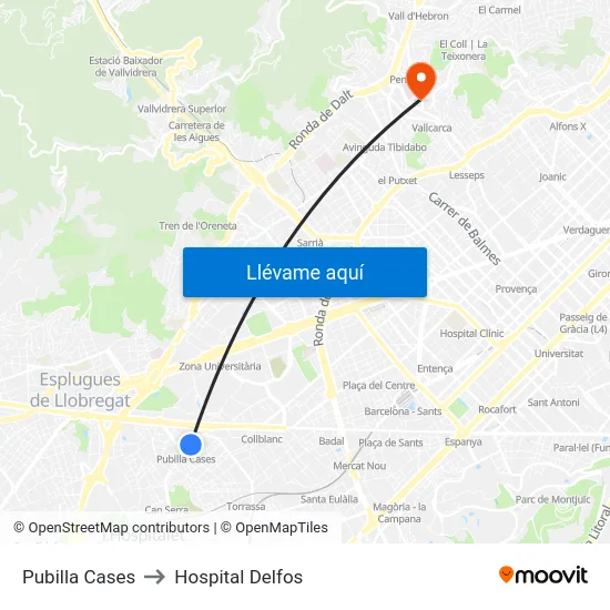 Pubilla Cases to Hospital Delfos map