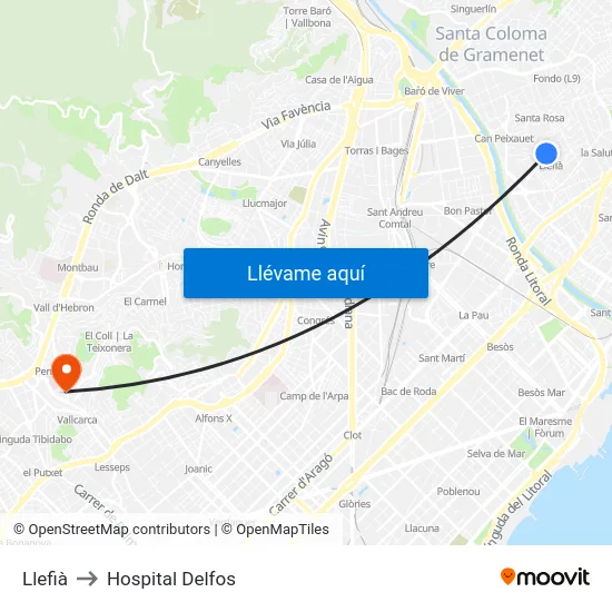 Llefià to Hospital Delfos map