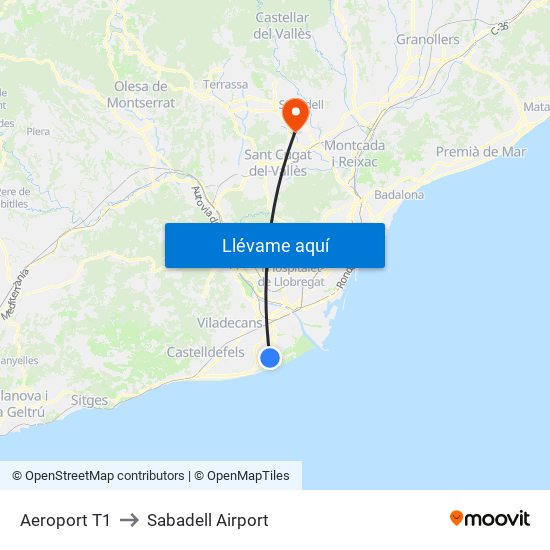 Aeroport T1 to Sabadell Airport map