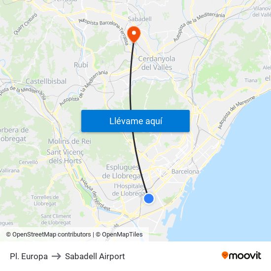 Pl. Europa to Sabadell Airport map