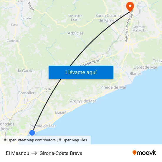 El Masnou to Girona-Costa Brava map