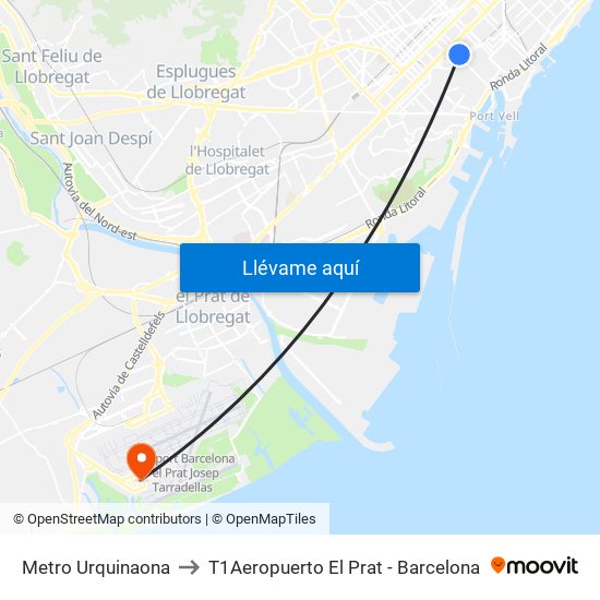 Metro Urquinaona to T1Aeropuerto El Prat - Barcelona map