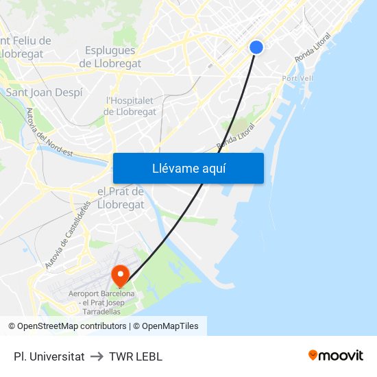 Pl. Universitat to TWR LEBL map