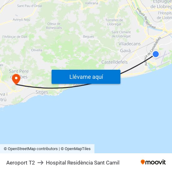 Aeroport T2 to Hospital Residència Sant Camil map