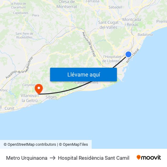 Metro Urquinaona to Hospital Residència Sant Camil map