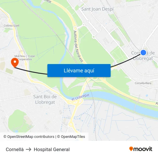 Cornellà to Hospital General map