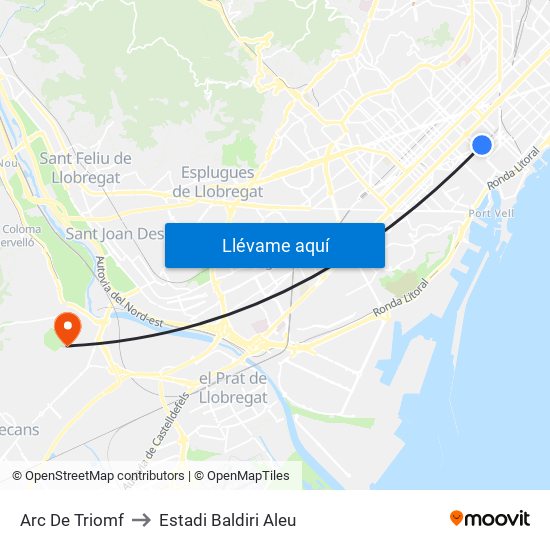 Arc De Triomf to Estadi Baldiri Aleu map