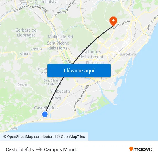 Castelldefels to Campus Mundet map