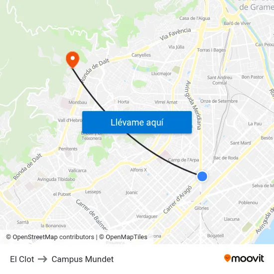 El Clot to Campus Mundet map