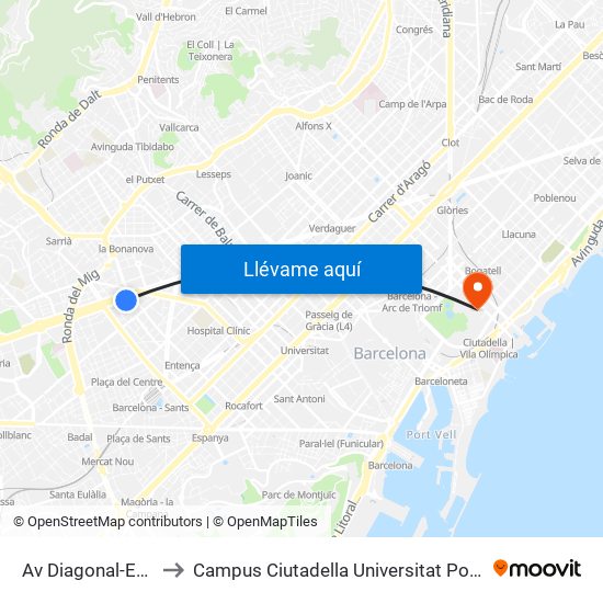 Av Diagonal-Entença to Campus Ciutadella Universitat Pompeu Fabra map