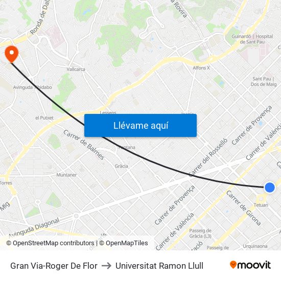 Gran Via-Roger De Flor to Universitat Ramon Llull map