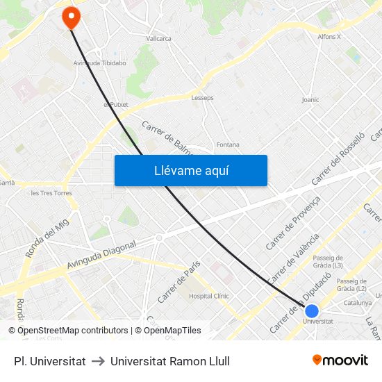 Pl. Universitat to Universitat Ramon Llull map