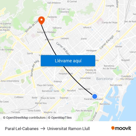 Paral·Lel-Cabanes to Universitat Ramon Llull map