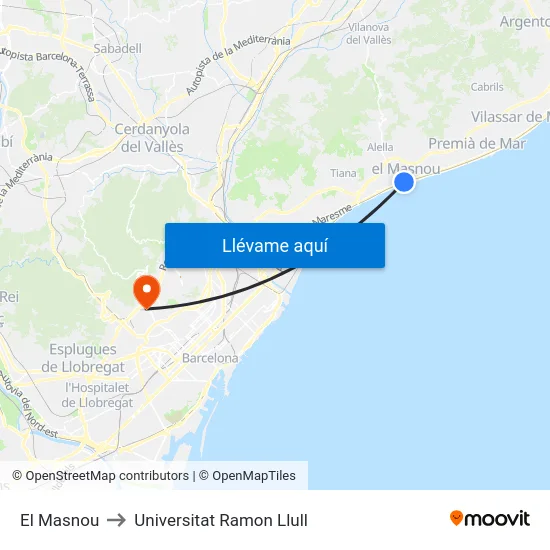 El Masnou to Universitat Ramon Llull map