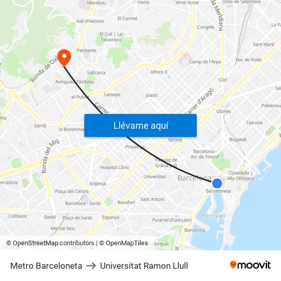 Metro Barceloneta to Universitat Ramon Llull map