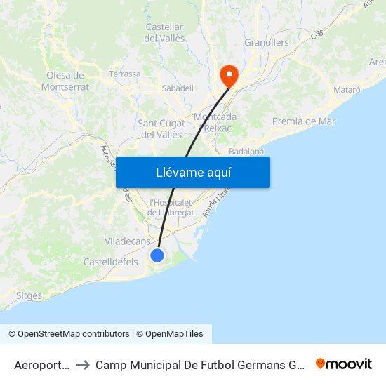 Aeroport T2 to Camp Municipal De Futbol Germans Gonzalvo map