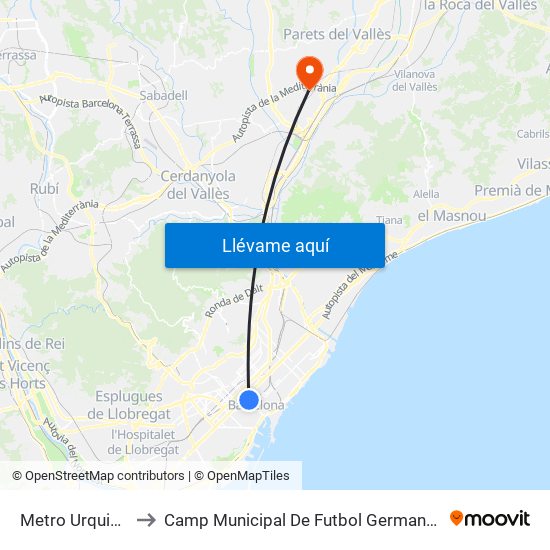 Metro Urquinaona to Camp Municipal De Futbol Germans Gonzalvo map