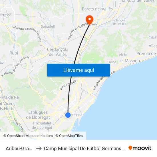 Aribau-Gran Via to Camp Municipal De Futbol Germans Gonzalvo map
