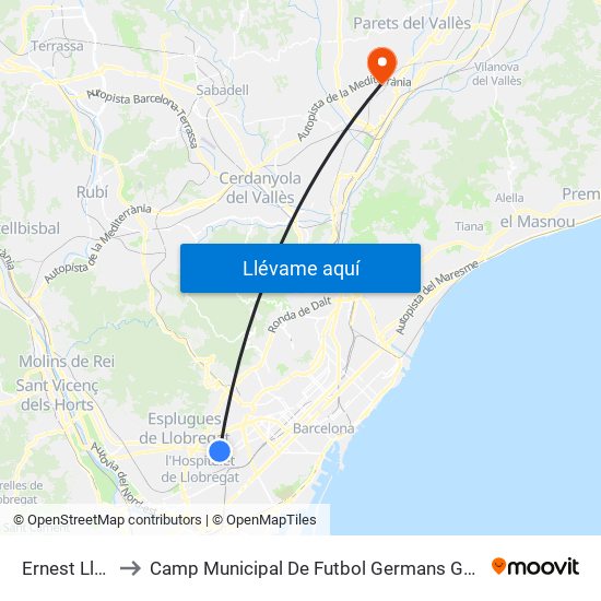 Ernest Lluch to Camp Municipal De Futbol Germans Gonzalvo map