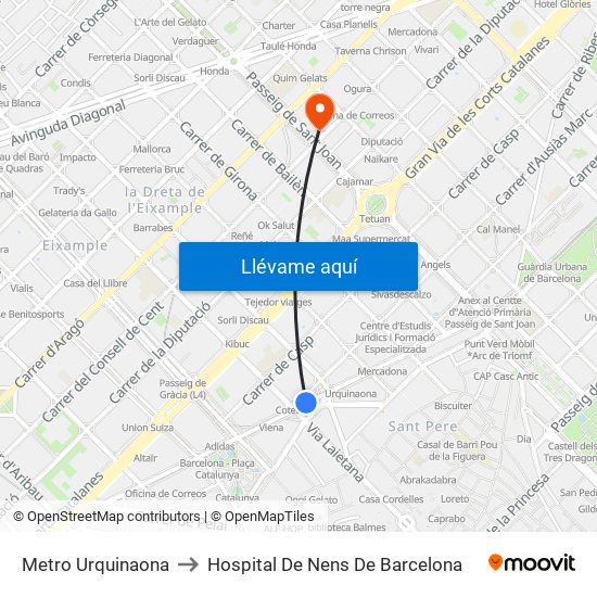Metro Urquinaona to Hospital De Nens De Barcelona map