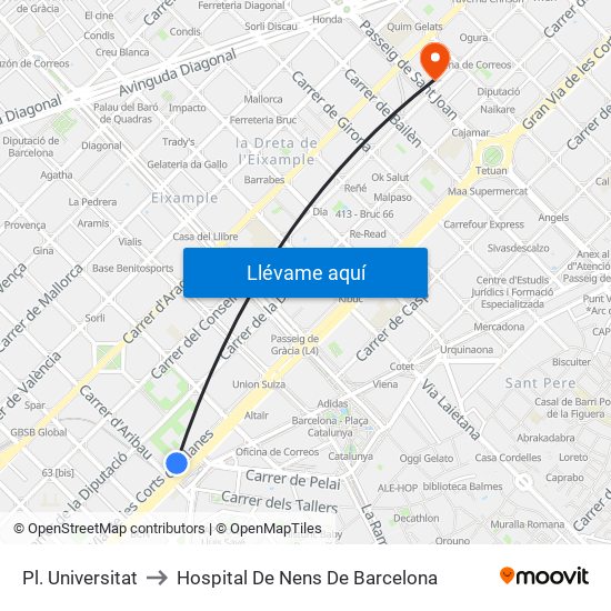 Pl. Universitat to Hospital De Nens De Barcelona map