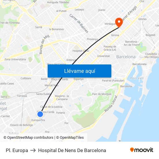 Pl. Europa to Hospital De Nens De Barcelona map