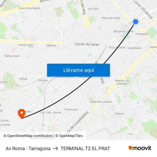 Av Roma - Tarragona to TERMINAL T2 EL PRAT map
