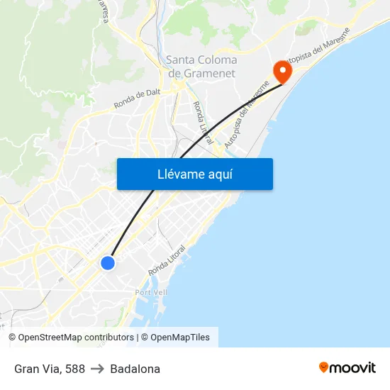 Gran Via, 588 to Badalona map