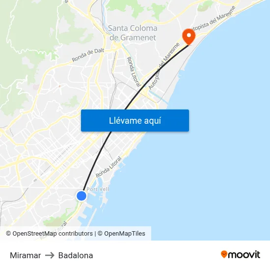 Miramar to Badalona map