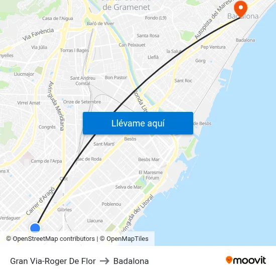 Gran Via-Roger De Flor to Badalona map