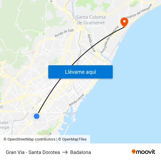 Gran Via - Santa Dorotea to Badalona map
